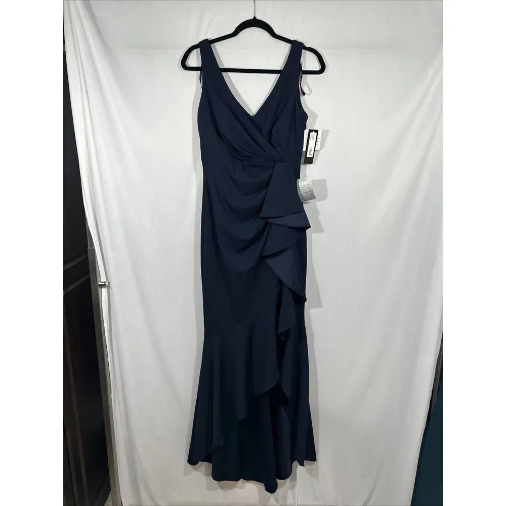 NWT $249 Betsy & Adam [ 6‎ ] V Neck Ruffled High-Low Gown Navy Blue
